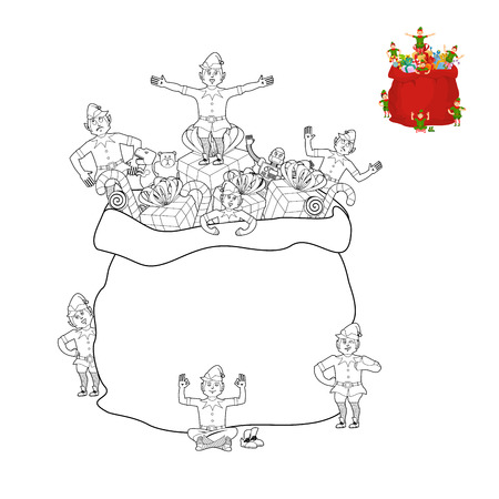 Santa bag and elf coloring book. Christmas sack and elves line style. Santas helperのイラスト素材