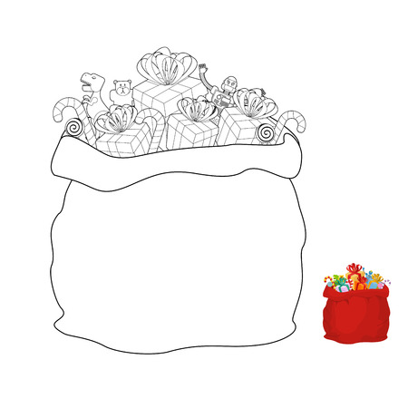 Santa bag coloring book. Christmas sack line styleのイラスト素材
