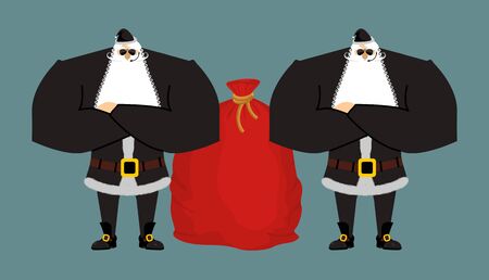Santa Claus bodyguards. Christmas security guards. Protecting red bag for new year. Defenders of sack gifts for childrenのイラスト素材