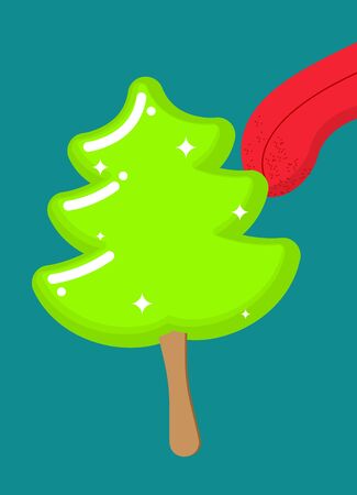 Christmas tree ice cream pistachio lick. Popsicle on stick in form of green fir-tree Licking tongue. Sweets for Christmas. Dessert for new yearのイラスト素材