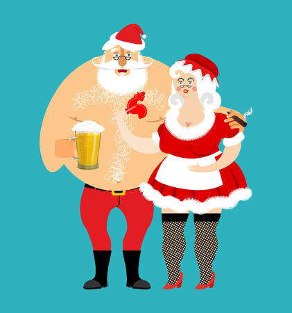 Bad Santa and Mrs. Claus isolated. drunk Christmas family. Woman in red dress and white apron. Cheerful elderly. New Year menage. Mug Beer and cigarette のイラスト素材