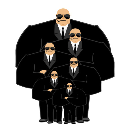 Bodyguard family. Black suit and hands-free. Security man. Protection and professional teamwork. Strong guard at nightclub.のイラスト素材