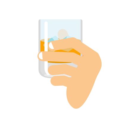 Hand holding whiskey and ice. Fingers and glass of scotch. Drink on white background. Alcohol illustrationのイラスト素材