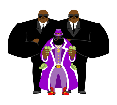 Pimp and bodyguard. Bright clothing and money. Pocket full of cash. Gold dollar chain jewelry. African American and guards, securityのイラスト素材