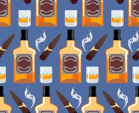 Whiskey with ice seamless pattern. Gentleman background. Bottle of scotch texture. Cigar smoke ornament. bar backdropのイラスト素材
