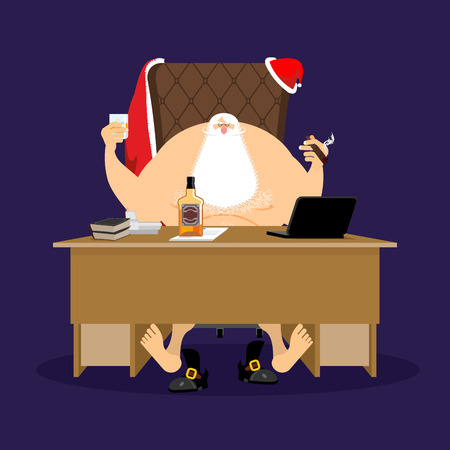 Santa after work relaxes. Claus rest. Drink and Cigar. Bottle of whiskey and glass with ice. Office workplace Christmas. New Year old man relaxation. Xmas guy refreshment. holiday end
のイラスト素材