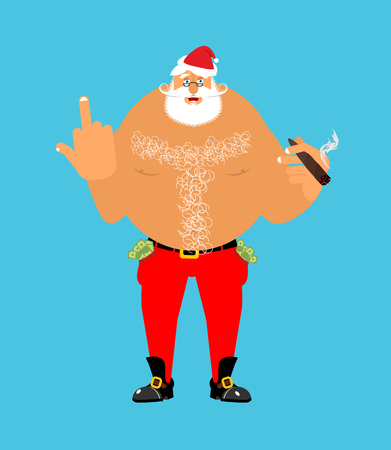 Bad Santa with cigar and fuck. Angry drunk nude Claus. Harmful Christmas ruffian. Aggression sign. foul guy for new year. Xmas hooliganのイラスト素材