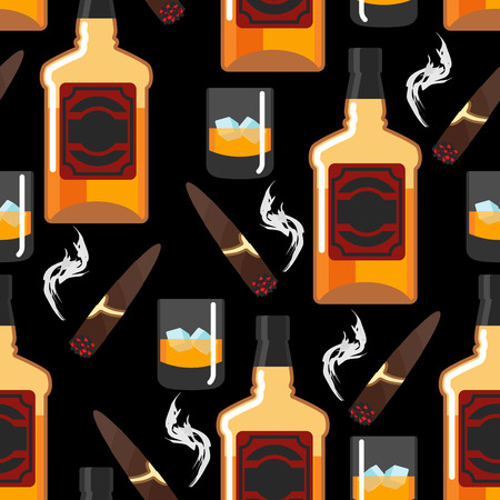 Whiskey with ice seamless pattern. Gentleman background. Bottle of scotch texture. Cigar smoke ornament. bar backdropのイラスト素材