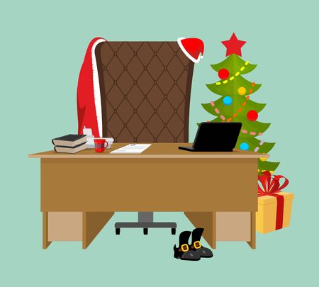 Empty Office Santa. Claus workstation. After work. Table and fir-tree. Laptop and phone. End of Christmas. Finish New Year holidayのイラスト素材