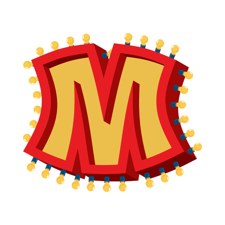 Letter M lamp glowing font. Vintage light bulb alphabet. Retro ABC sparkling lightsのイラスト素材