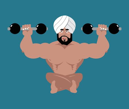 Indian sportsman. Fitness athlete from India. Yoga with dumbbells. Bodybuilder in turbanのイラスト素材