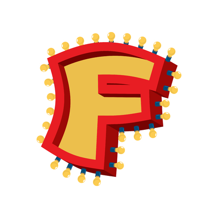 Letter F lamp glowing font. Vintage light bulb alphabet. Retro ABC sparkling lightsのイラスト素材