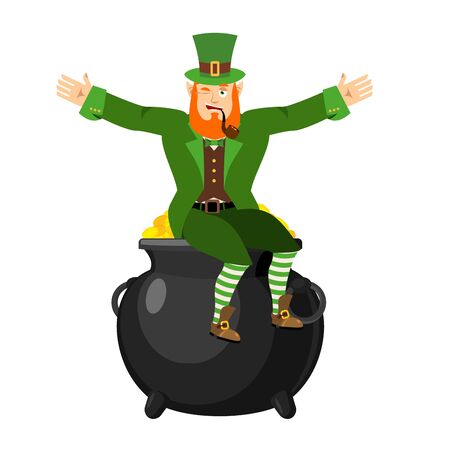 Leprechaun and pot of gold. Dwarf with red beard and boiler of golden coins. Legendary treasures for lucky. St.Patrick 's Day. Holiday in Irelandのイラスト素材