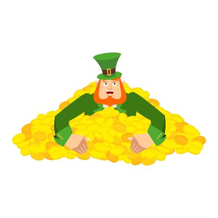 Leprechaun gold . Dwarf with red beard in heap gold coins. Legendary treasures for lucky. St.Patrick 's Day. Holiday in Irelandのイラスト素材
