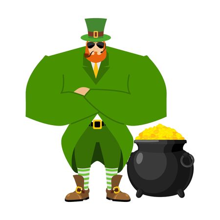 Leprechaun security bodyguard. Dwarf with red beard guarding pot gold coins. Legendary treasures for lucky. St.Patrick 's Day. Holiday in Irelandのイラスト素材