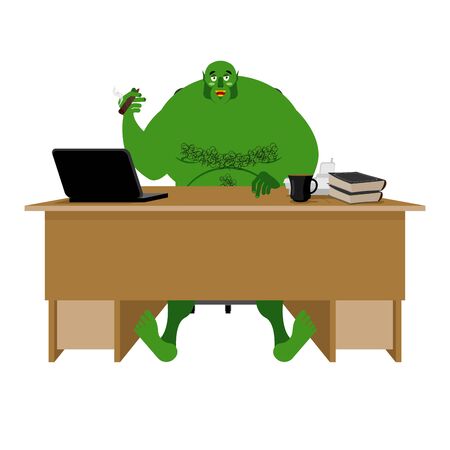 Internet troll. Big green goblin sits at laptop. Org and computer. Green Monster writes commentsのイラスト素材