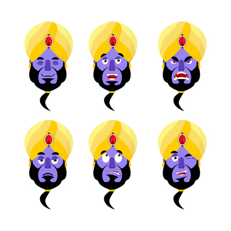 Genie emoji. emotion set. Aggressive and good Magic ghost face. Surprised and sleep. arabic devil avatar collectionのイラスト素材