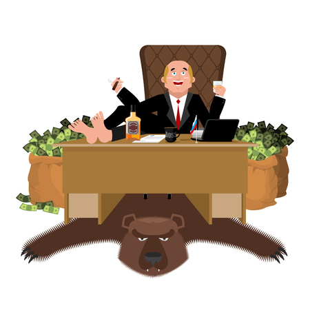 Russian oligarch sits at table and drinks whiskey. To smoke cigar. Rich man and bag of money. Businessman from Russia. lot of cash. Study. Office of moneybagsのイラスト素材