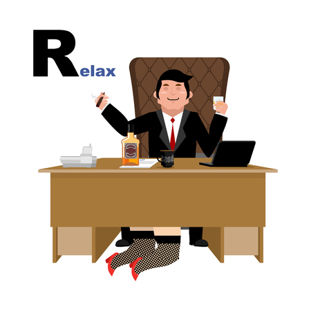 Boss Relaxation with whiskey and secretary. Letter R relax. Alphabet for Adults. Businessman sitting at table. Assistant under table. office lifeのイラスト素材