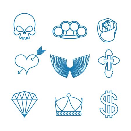Tattoo set of linear style. Skull and brass knuckles. Rose and heart with an arrow. Wings and cross. Crown and dollar. Diamondのイラスト素材