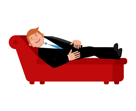 Patient on psychologists couch is isolated. Relaxed businessman lies. Consultation of psychotherapistのイラスト素材