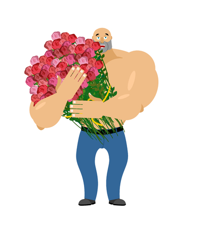 Man and big bouquet of roses. guy congratulates. Universal greeting for women. Give flowersのイラスト素材