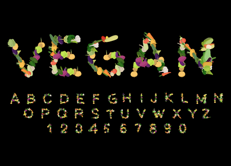 Vegan font. Alphabet of vegetables. Edible letters. Potatoes and carrots letters. Vegetarian ABCのイラスト素材