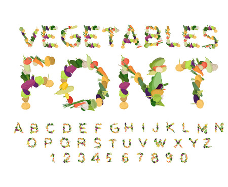 Vegetarian font. Alphabet of vegetables. Edible letters. Potatoes and carrots letters. Vegan ABCのイラスト素材