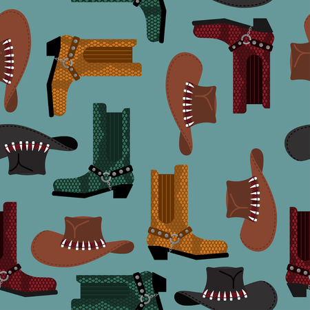 Cowboy pattern. Australian hat and crocodile leather boots. Western clothing and rodeo shoes backgroundのイラスト素材