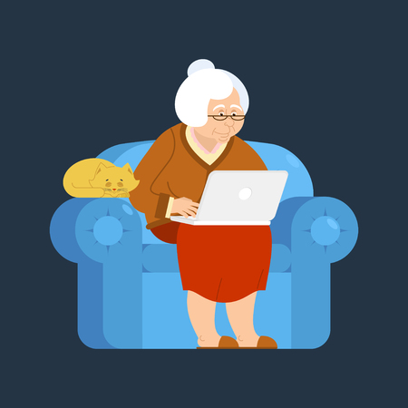 Grandmother and laptop an armchair. old woman and pc. grandma and cat. Elderly woman and computer.のイラスト素材