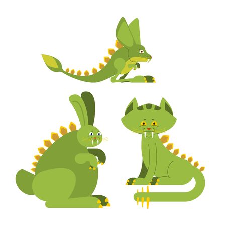 Prehistoric rabbit dinosaur. Dino cat. Raptor jerboa monster. Jurassic Animals Setのイラスト素材