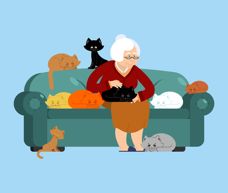 Grandmother and cat sitting on chair. granny cat lady. grandma and pet. old woman and animal. gammer and Beastのイラスト素材