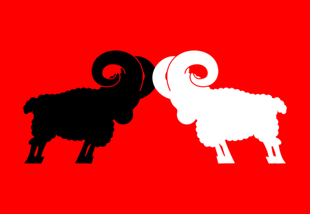 Sheep to butt. Confrontation beast. Competition of male ram. Battle farm animalsのイラスト素材
