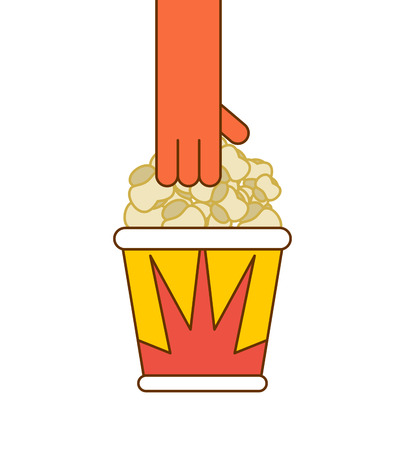 Popcorn and hand. Paper box popped cornのイラスト素材
