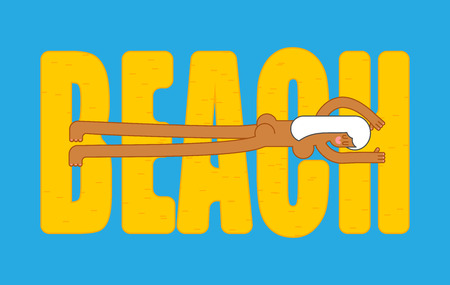 Beach lettering and beautiful sexy girl. beautiful lady sunbathing on sandのイラスト素材