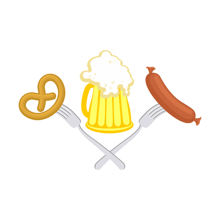 Oktoberfest symbol of beer, sausage and pretzel. Sign National Holiday of beer in Germany. Alcohol and cracker.のイラスト素材