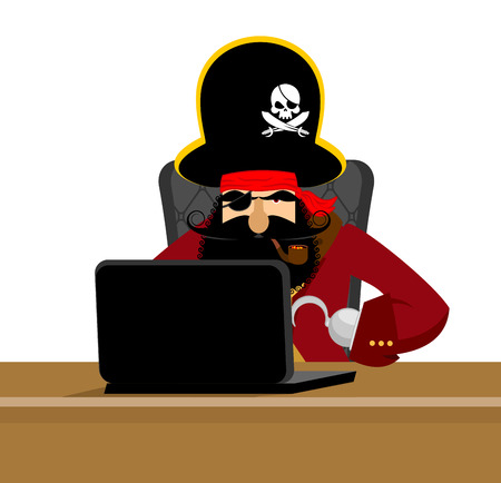 Web pirate and laptop. internet hacker and PC. buccaneer and computer. Eye patch and smoking pipe. pirates cap. Bones and Skull. See animal filibuster.のイラスト素材