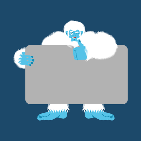 Yeti holding banner blank. Bigfoot and white blank. Abominable snowman joyful emotion. Big white monster and place for text. Vector illustrationのイラスト素材
