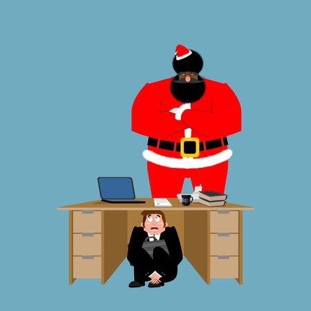 Businessman scared under table of angry Santa Claus. frightened business man under work board. To hide from Christmas. Boss fear office desk. Vector illustrationのイラスト素材