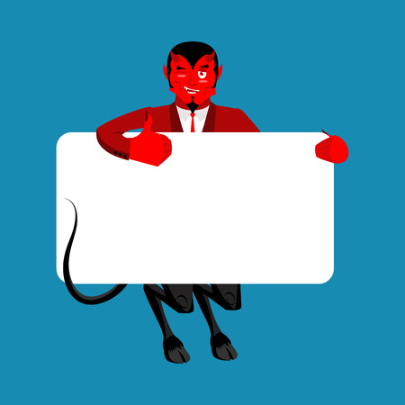 Red devil holding banner blank. Satan and white blank. Demon joyful emotion. Boss of hell and place for text. Vector illustrationのイラスト素材