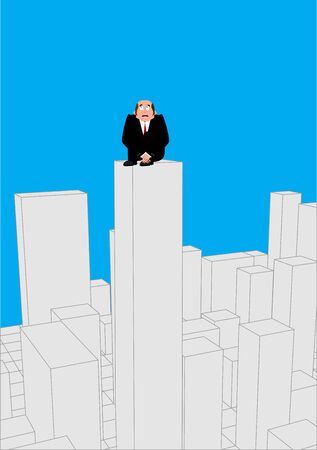 Businessman scared on skyscraper. frightened business man on roof of building. Boss suicide. Vector illustrationのイラスト素材