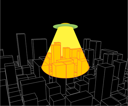 City and UFO. Abstract Skyline  and Space Invader. Industrial landscape and ALien. Vector illustrationのイラスト素材