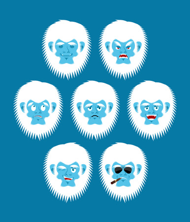 Yeti emoji set. Bigfoot sad and angry face. Abominable snowman guilty and sleeping avatar. Vector illustrationのイラスト素材
