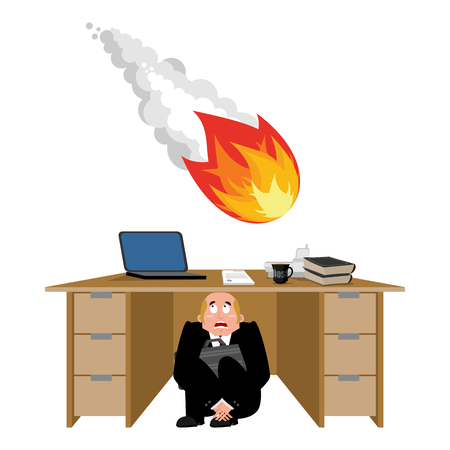 Businessman scared under table of meteorite. frightened business man under work board. comet fireball. Boss fear office desk. To hide from catastrophe. Vector illustrationのイラスト素材