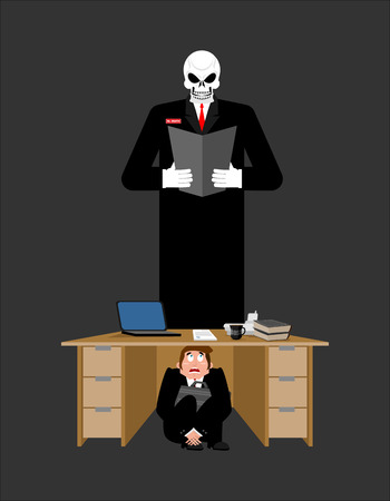 Businessman scared under table of creditor. frightened business man under work board. Boss fear office desk. To hide from repay debts. Vector illustrationのイラスト素材