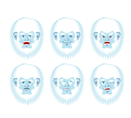 Yeti emoji set. Bigfoot sad and angry face. Abominable snowman guilty and sleeping avatar. Vector illustrationのイラスト素材