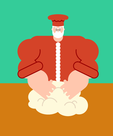 Santa Claus Chef dough kneads. Christmas bake cake. granddad baker cook. Vector illustrationのイラスト素材