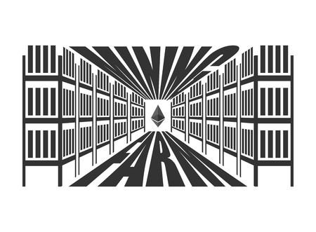 Mining farm. Extraction of Cryptocurrency. Stand gpu. Technology for obtaining bitcoin and etherium. Data center. Vector illustrationのイラスト素材