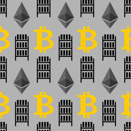 Bitcoin seamless pattern. Mining farm and Cryptocurrency background. Vector illustrationのイラスト素材