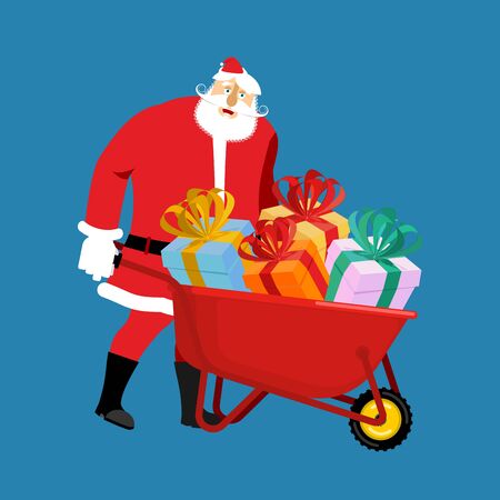 Santa Claus Wheelbarrow and gifts. Xmas grounds trolley. Christmas and new year. Vector illustrationのイラスト素材